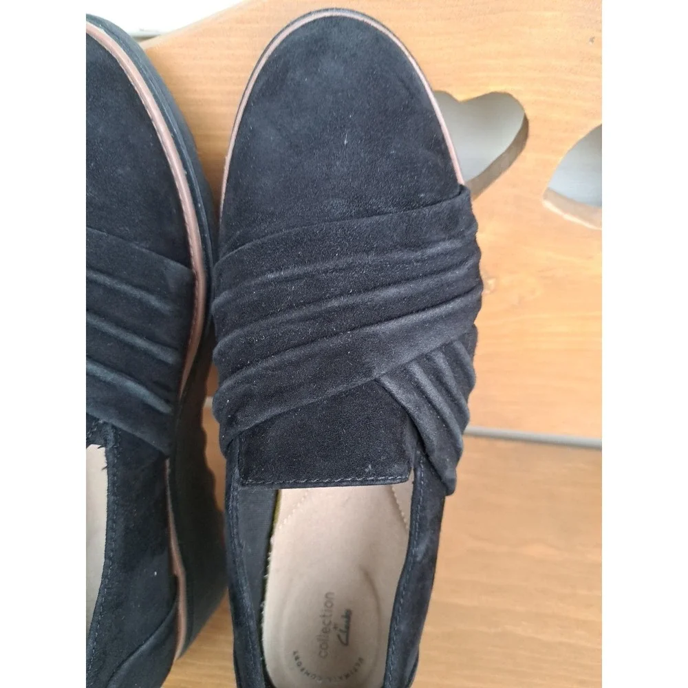 Clarks Women's Black Leather Suede Sharon Villa Loafers Wedge Comfort Shoes 11 M